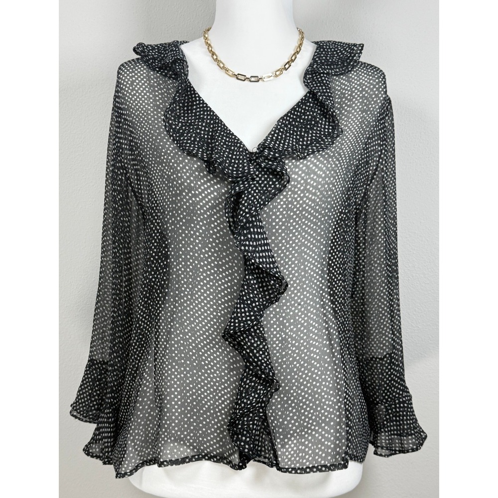 Vintage Silk Ruffle Top Women M Black Polka Dot Sheer Y2K 90's Whimsigoth